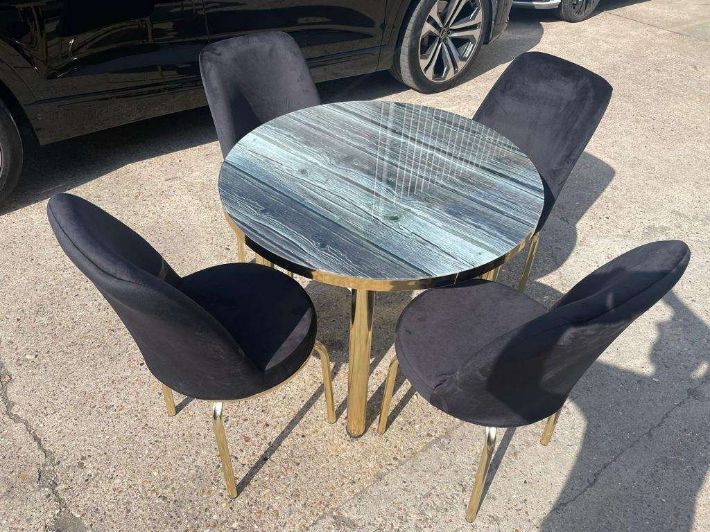 GREY WOODEN EFFECT ROUND TABLE GOLD LEG